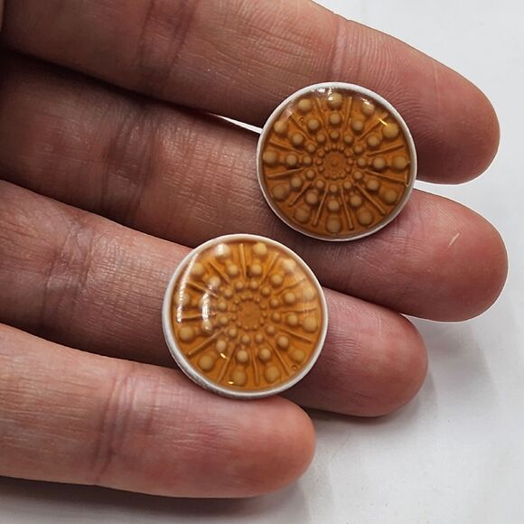 Vintage 1960s ART Arthur Pepper Orange Enamel Sun Burst Mod Earrings Button Gogo - Picture 2 of 5